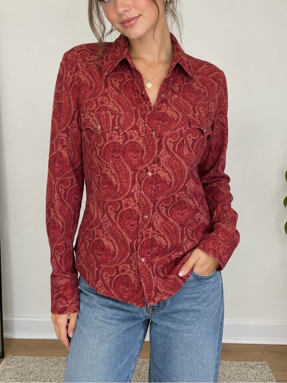 Vintage Y2K 90s Red Paisley Button Down Shirt Western Snap Front Boho Indie